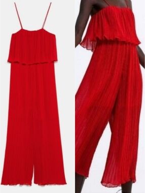 ZARA Red Pleated Flowey Spaghetti Strap Cropped One-piece Jumper
